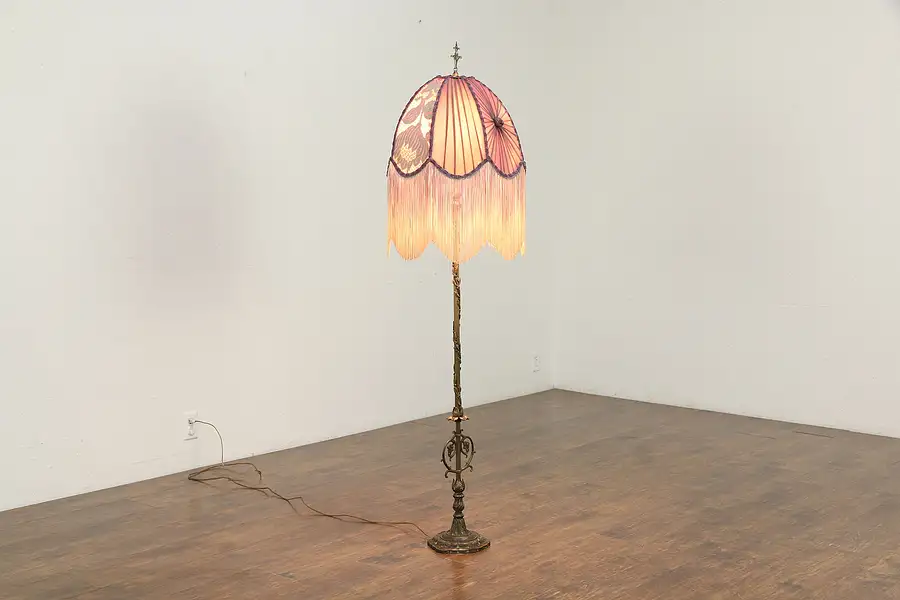 Main image of Flapper 1920 Style Fringed Shade on Antique Hand Painted Iron Floor Lamp