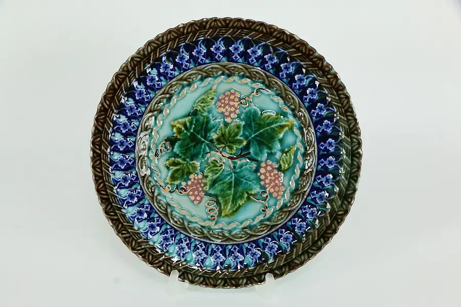 Main image of Victorian Antique Majolica Grape Vine Plate, 8" Round, Signed U&CS