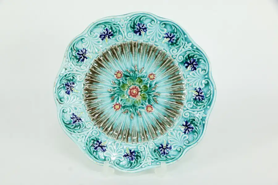 Main image of Victorian Antique Majolica Flower Plate, 7 3/4" Round, Signed U&CS