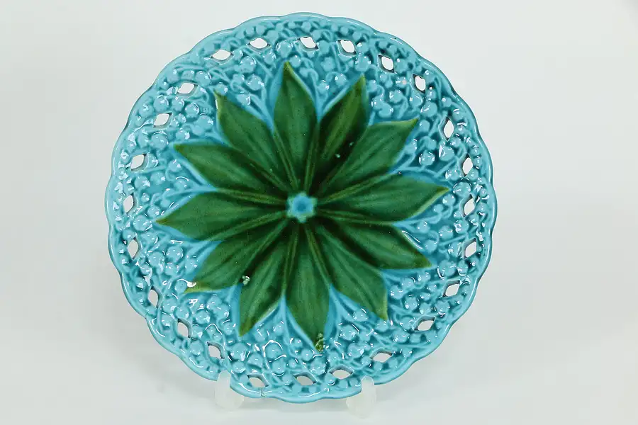 Main image of Victorian Antique Majolica Pierced Plate, 7 3/4" Round, Signed