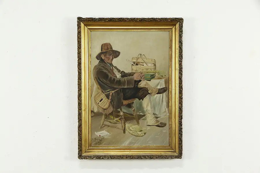 Main image of Fisherman Portrait Oil Painting Signed WMR After Lawrence Earle 1910 29"