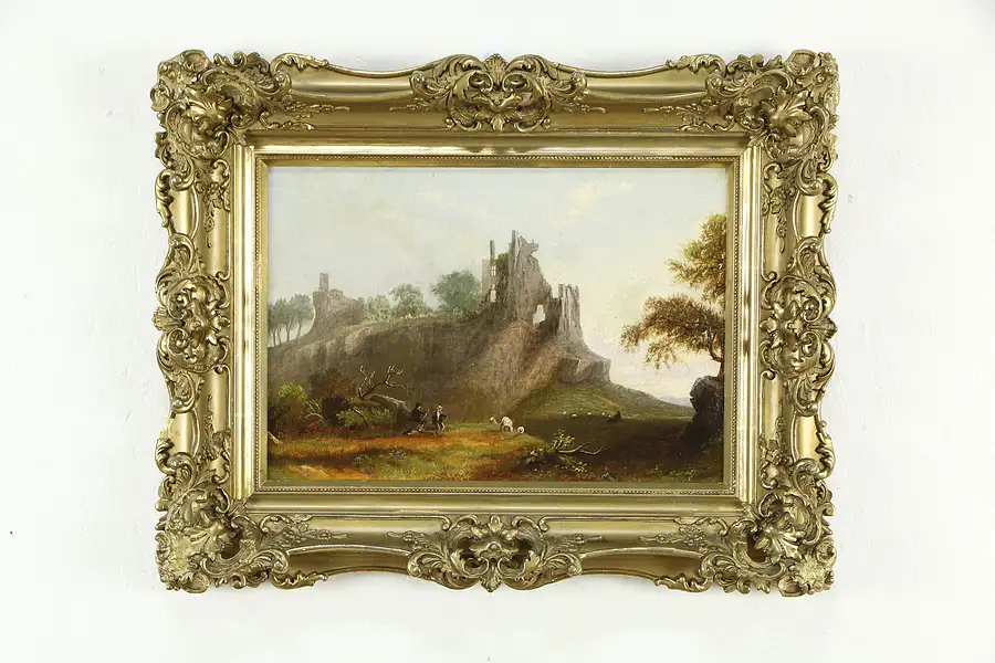 Main image of Shepherds with Castle Ruins Antique English Original Oil Painting 24".