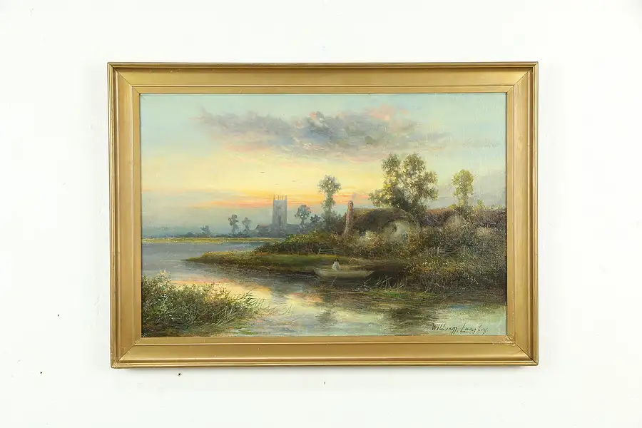 Main image of Cottage, Boat & Cathedral Antique English Oil Painting, Langtry 28"