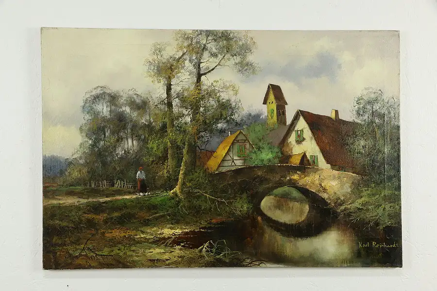 Main image of Bridge & Tower Scene Original Oil Painting, Karl Reinhardt 36"