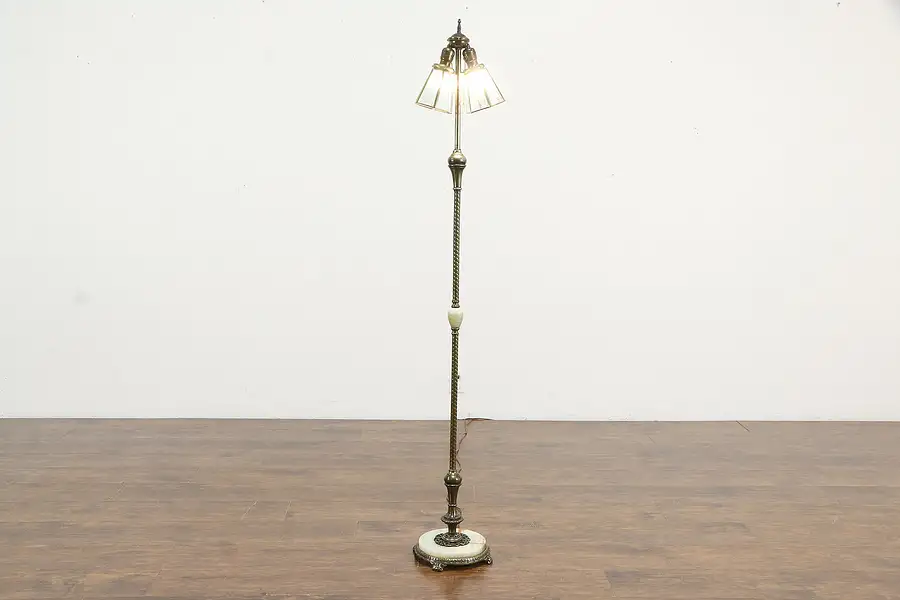 Main image of Brass & Iron Antique Floor Lamp, Onyx Mounts, Beveled Glass Shades, Ex Co