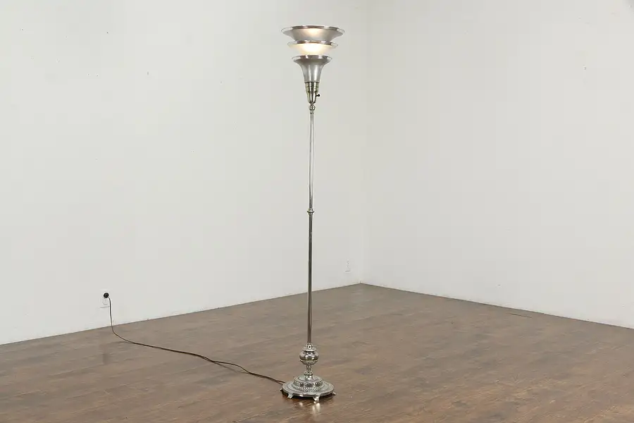 Main image of Art Deco Vintage Nickel Adjustable Torchiere Floor Lamp, Artlite