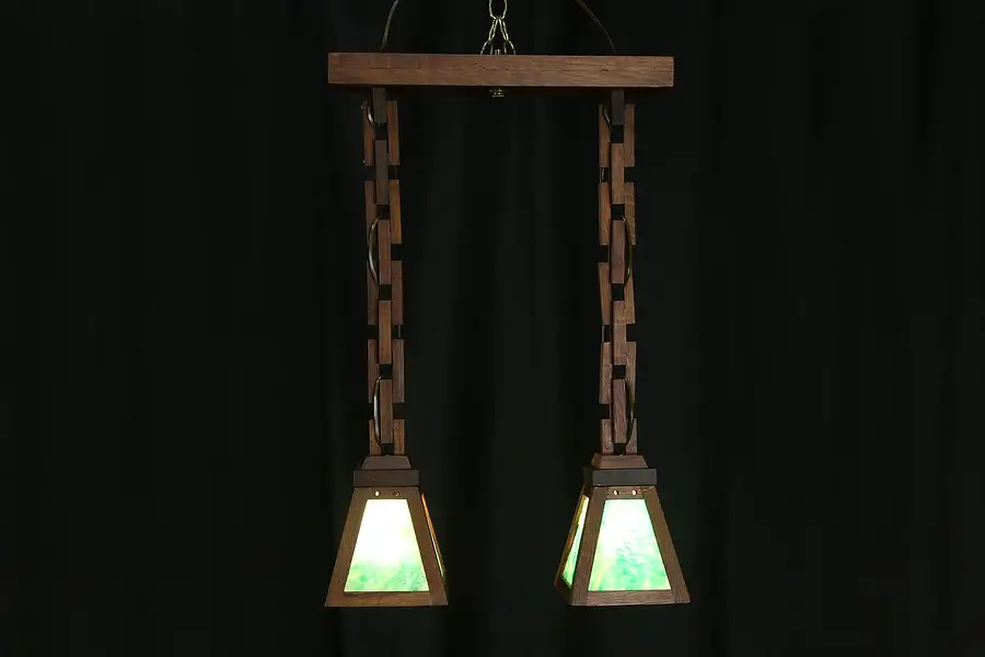 Main image of Arts & Crafts Mission Oak Antique Stained Glass Craftsman Light Fixture