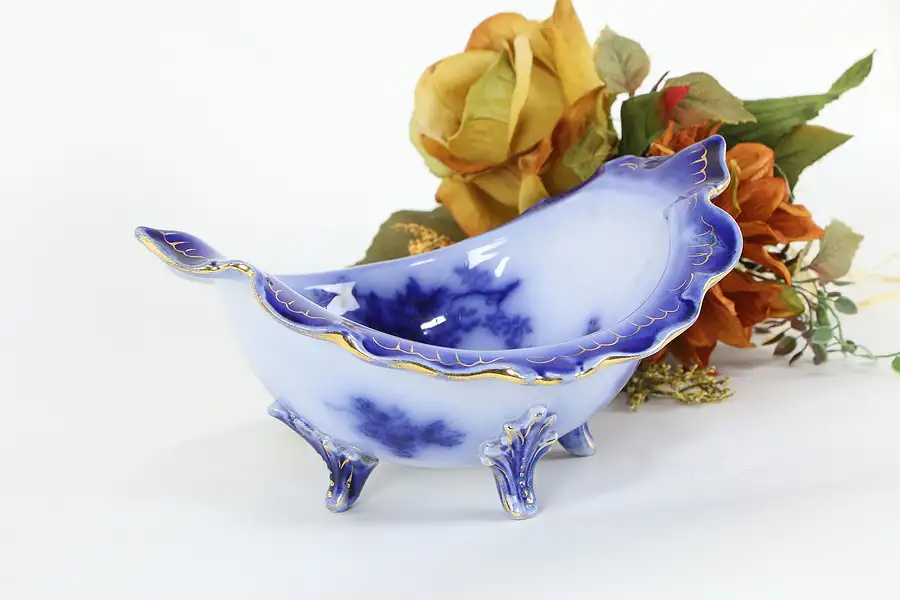 Main image of Victorian Flow Blue American Antique China 8.5" Oval Footed Bowl La Belle