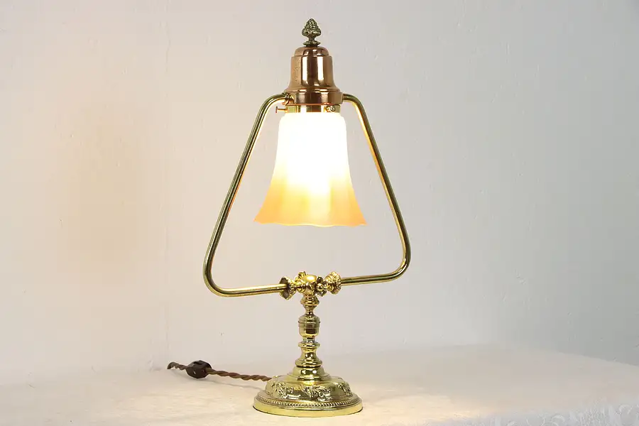Main image of Brass & Copper Antique Embossed Desk Lamp, Art Glass Shade