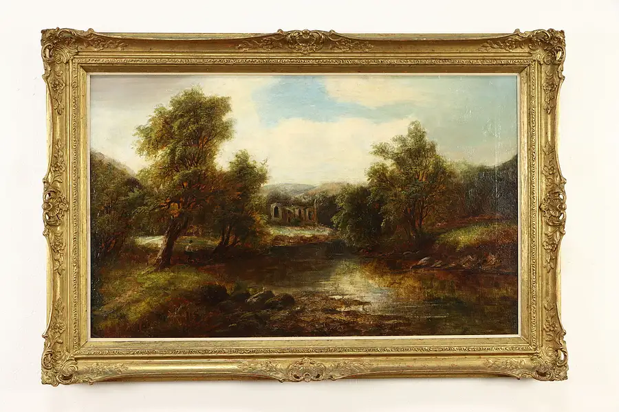 Main image of Forest Pond & Ruins Original Vintage Oil Painting, Marshall Field 49"