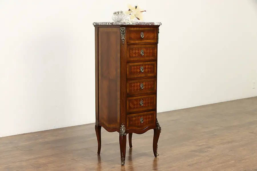 Main image of French Antique 6 Drawer Lingerie Chest, Brass Mounts, Marble Top