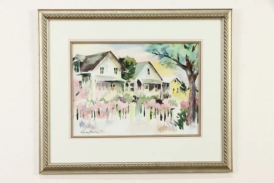 Main image of Flowering Trees & Houses Original Vintage Watercolor Painting Stanley 24"