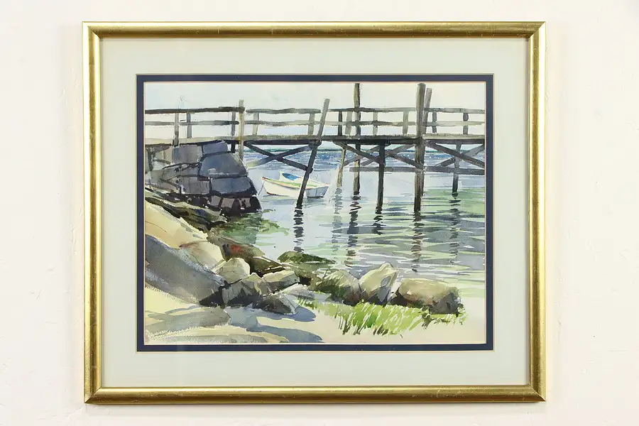 Main image of Maine Pier & Boats Original Vintage Watercolor Painting, Bottger 21 1/2"