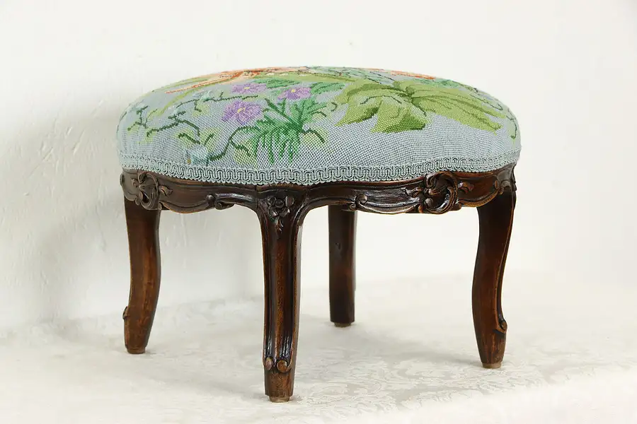 Main image of Country French Antique Carved Footstool, Needlepoint Upholstery, Floral