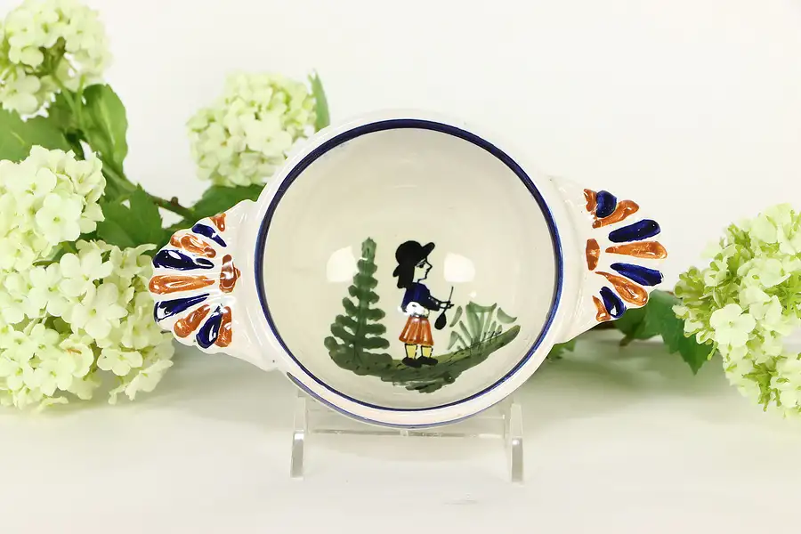 Main image of HB Quimper Signed Bowl with Handles, Hand Painted Brittany, France