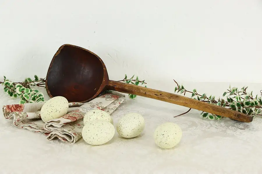 Main image of Antique Hand Carved Farmhouse Wooden Kitchen Ladle or Cooking Spoon