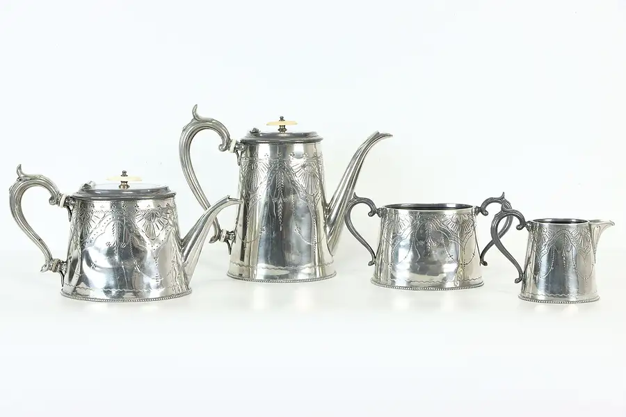 Main image of Pewter Antique Victorian 4 Piece Engraved English Coffee and Tea Set