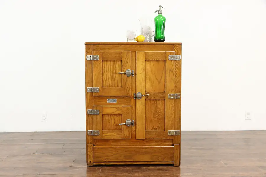 Main image of Kitchen Pantry Antique Farmhouse Oak Ice Box, Frost Kist Bar Cabinet, WI