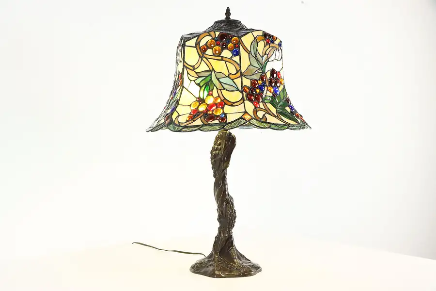 Main image of Leaded Stained Glass Vintage Lamp, Grapevine Base & Shade