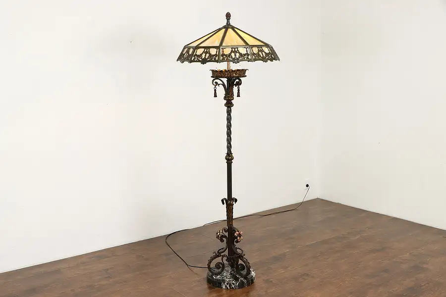 Main image of Marble & Hand Painted Iron Antique Floor Lamp, Stained Glass Shade