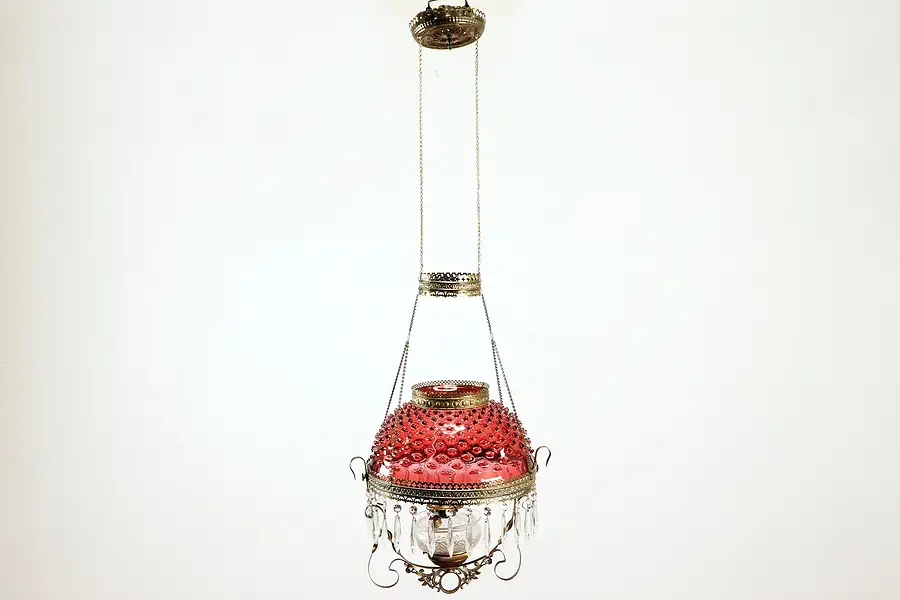 Main image of Victorian Antique Brass Cranberry Shade Hanging Lamp, Oil or Kerosene
