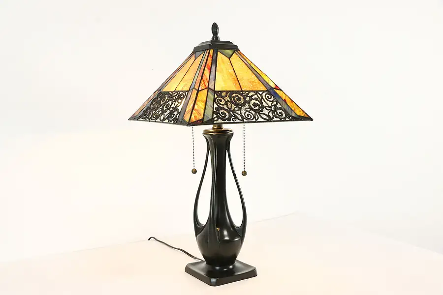 Main image of Quoizel Signed Art Nouveau Vintage Lamp, Stained Glass Shade