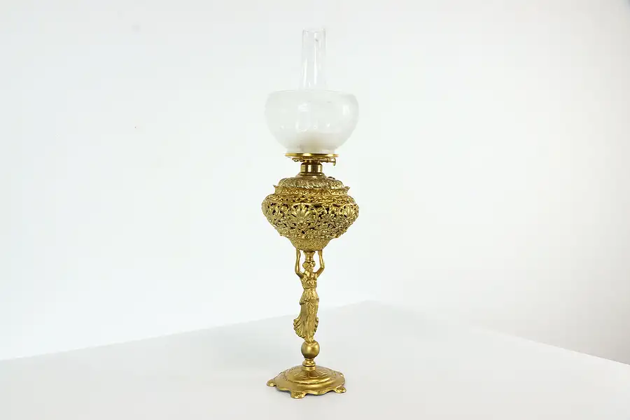Main image of Victorian Antique Oil Lamp, Figural Base, Etched Shade