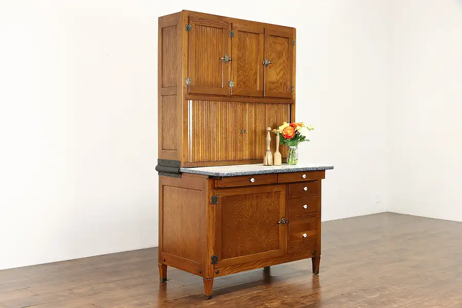 Main image of Hoosier Oak Cupboard Antique Farmhouse Kitchen Pantry Cabinet, Enamel Top