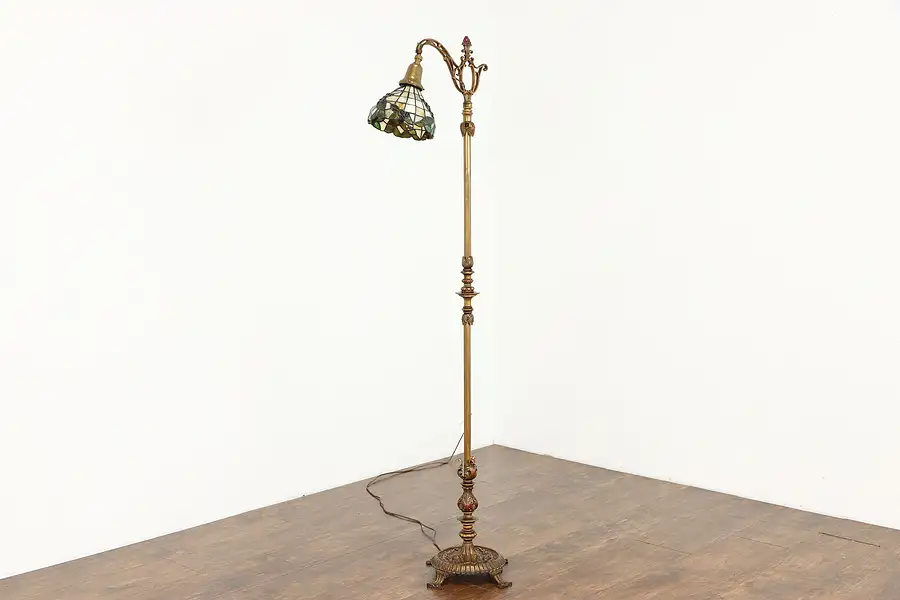 Main image of Arts & Crafts Antique Iron Bridge Lamp Gold Finish, Stained Glass Shade
