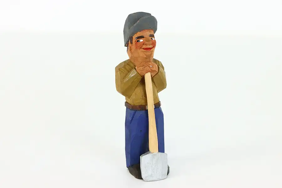 Main image of Vintage Hand Carved Wood, Farmer Figure with Shovel Sculpture
