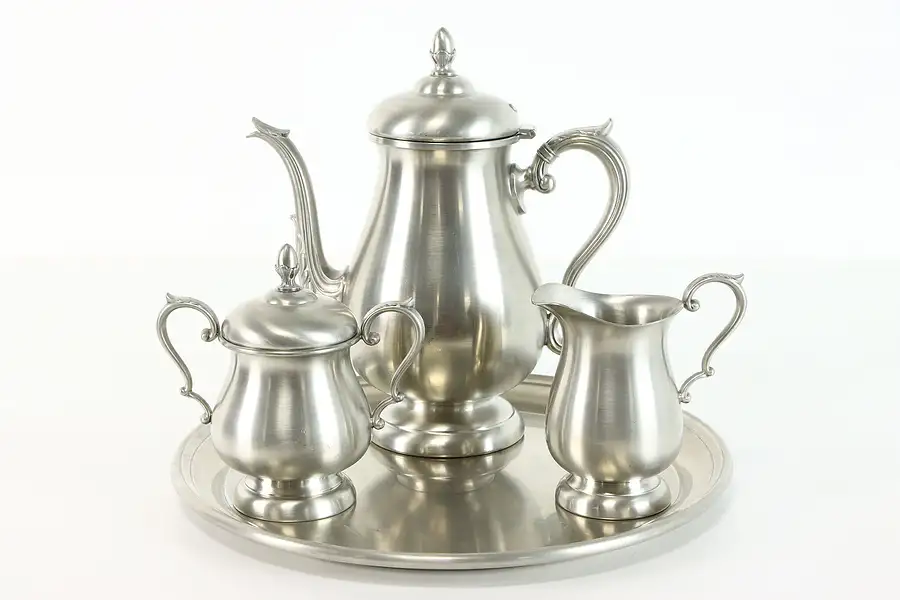 Main image of Pewter Vintage Tea or Coffee 4 Pc Set with Tray, Preisner