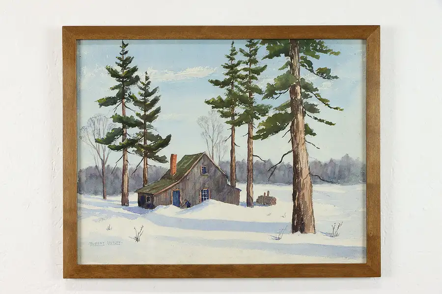 Main image of Cabin in Winter Original Vintage Watercolor Painting Rupert Lovejoy 21.5"
