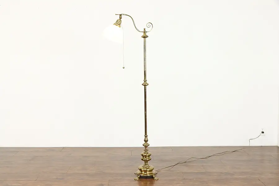 Main image of Solid Brass Antique Floor or Bridge Lamp, Frosted Glass Shade, Miller Co.