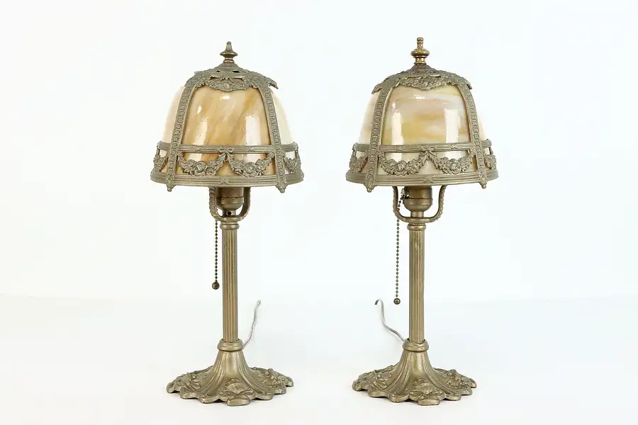 Main image of Pair of Antique 1910 Boudoir Lamps, Stained Glass Panel Shades
