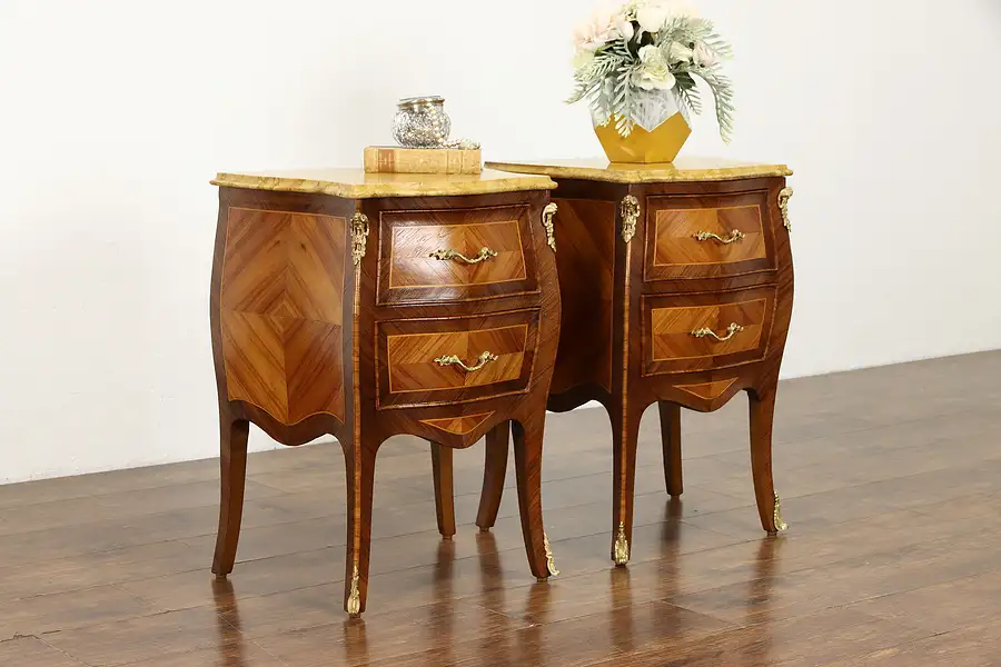 Main image of Pair of Antique Bombe Marquetry Chests, Nightstands, Marble Tops