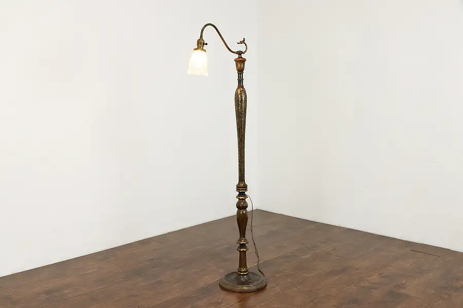 Main image of Floor Reading or Antique Bridge Lamp, Hand Painted, Adjustable Shade