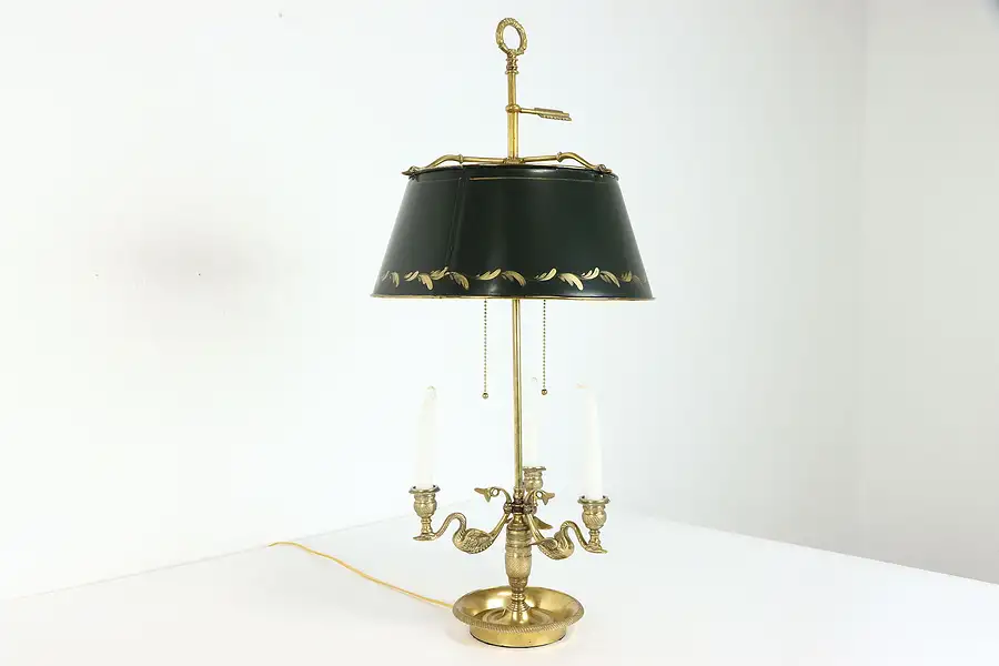 Main image of Swan Bouillotte Vintage Brass Lamp, Tole Painted Shade, Chapman