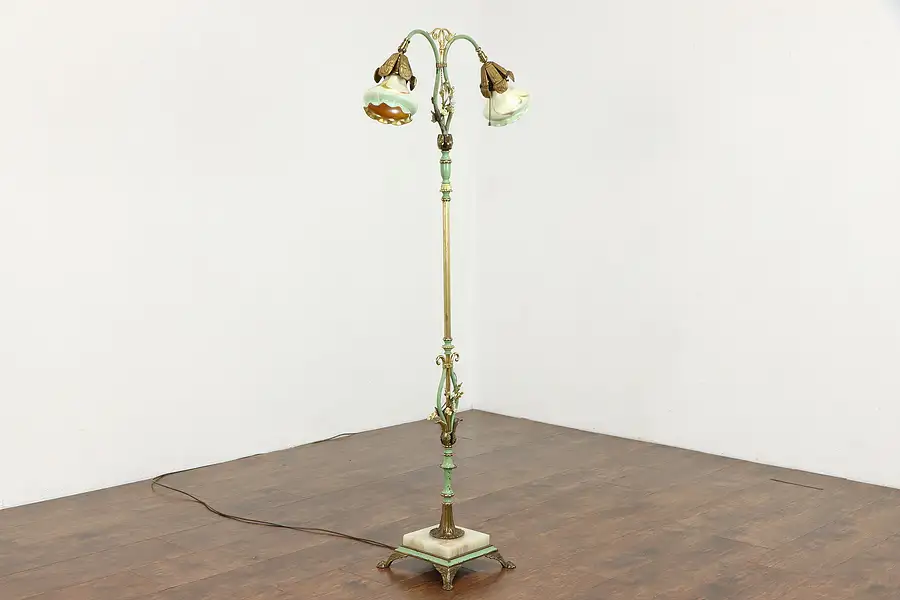 Main image of Onyx Base Antique Hand Painted Brass & Iron Floor Lamp, Art Glass Shades