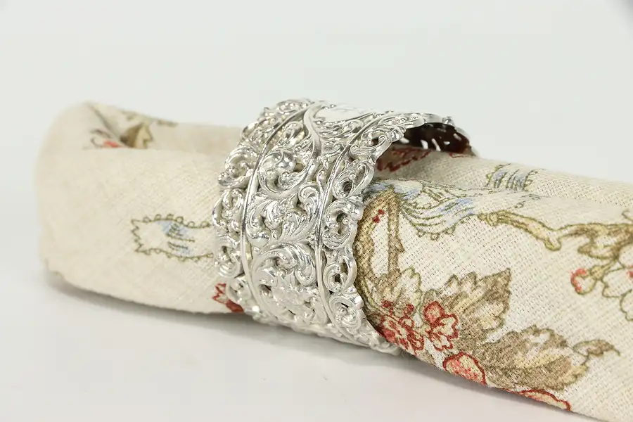 Main image of Victorian Antique Silverplate Napkin Ring Floral Filigree, M Mono