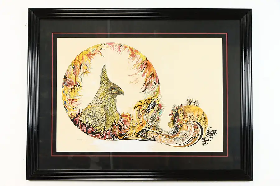 Main image of Phoenix Original Vintage Ink & Watercolor Painting, 1973 Treadway 39"