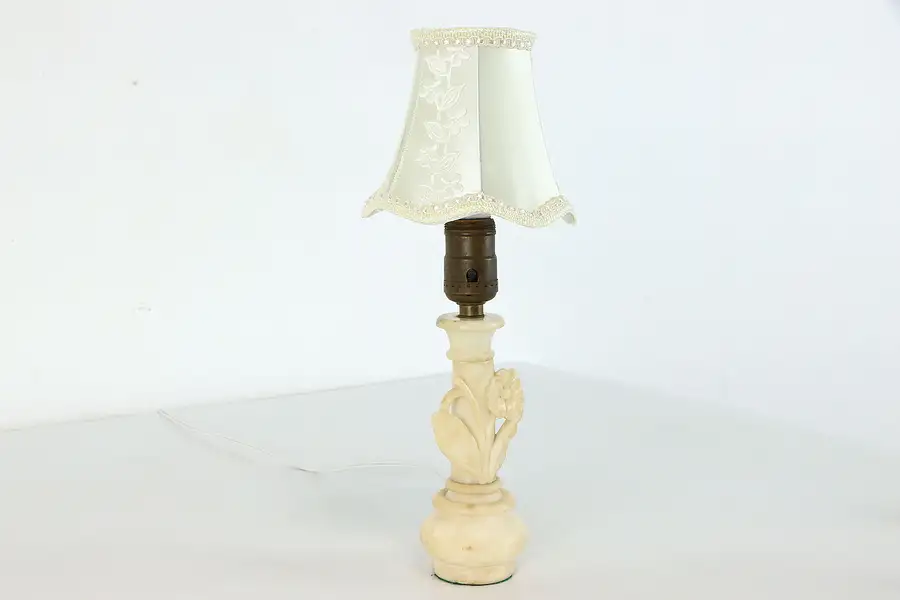 Main image of Carved Alabaster Antique Boudoir Lamp, Silk Shade