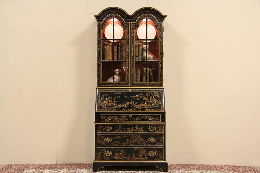 Main image of Drexel Black Lacquer Chinoiserie Secretary Desk & Bookcase