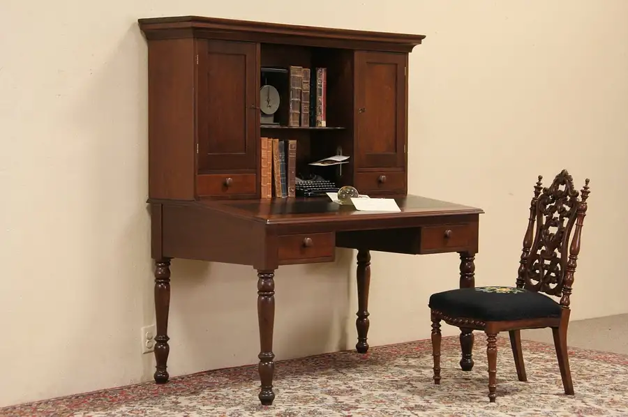 Main image of Plantation Desk, 1860 Antique, Walnut, Leather Top
