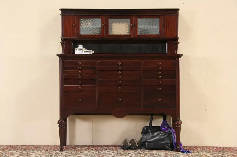 Main image of Dentist Cabinet, 1915 Antique Mahogany 21 Dental Drawers, Signed
