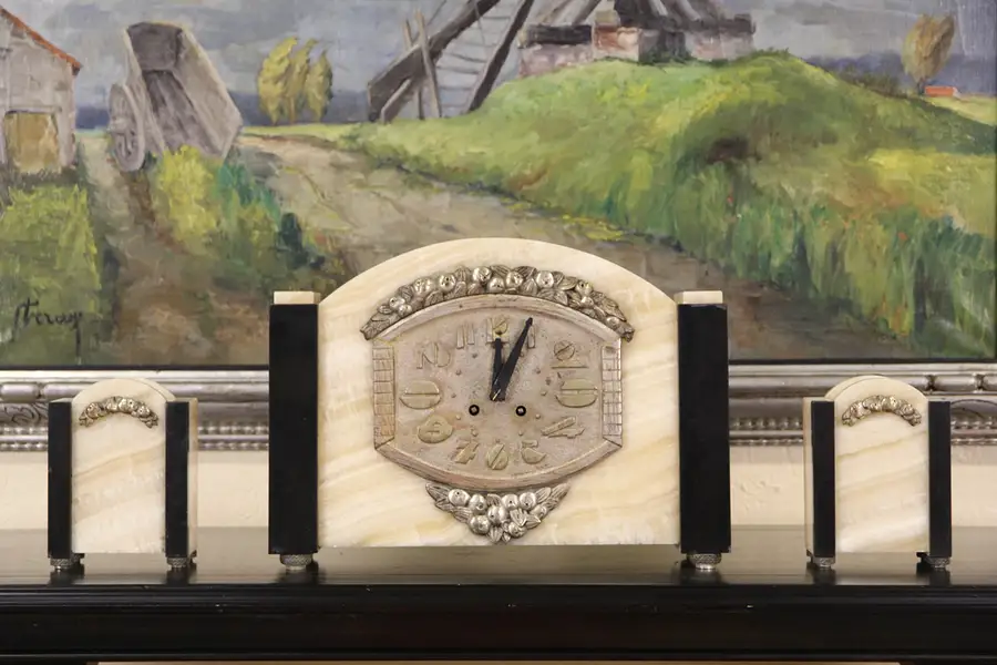 Main image of French Art Deco 1925 Antique Onyx & Marble 3 pc. Mantel Clock Set