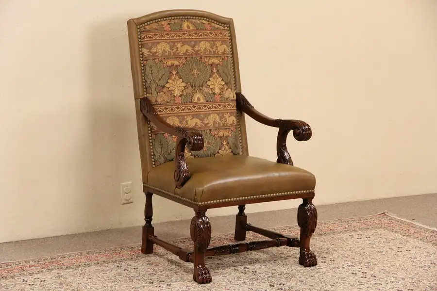 Main image of Whittemore Sherrill Leather & Tapestry Carved Mahogany Throne Chair with Arms