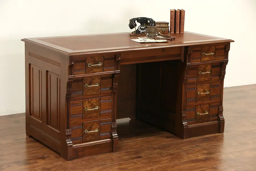 Main image of Victorian Eastlake 1880 Antique Walnut & Burl Leather Top Desk