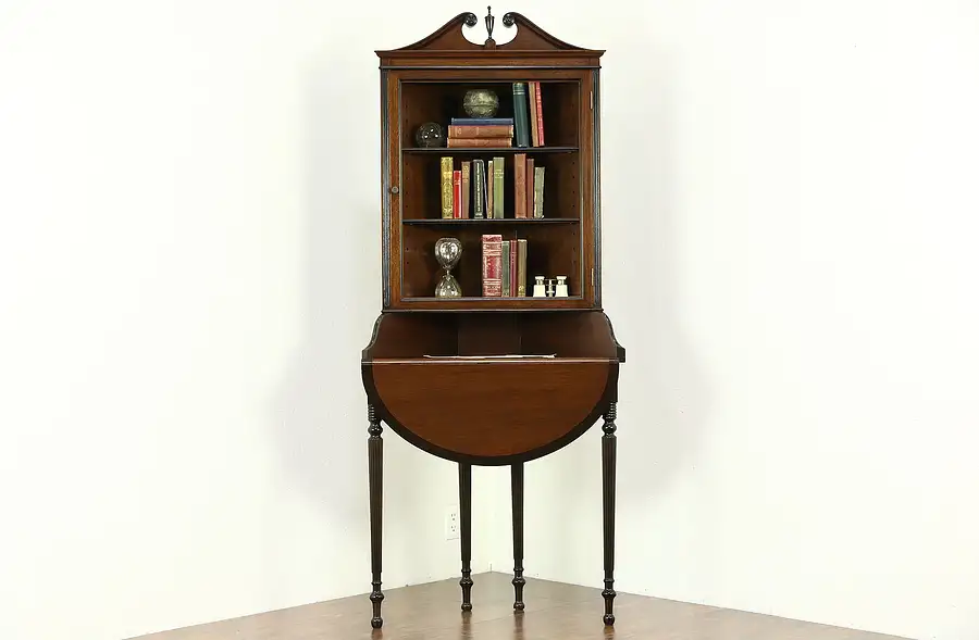 Main image of Traditional 1920's Antique Mahogany Corner Cabinet, Dropleaf Serving Shelf