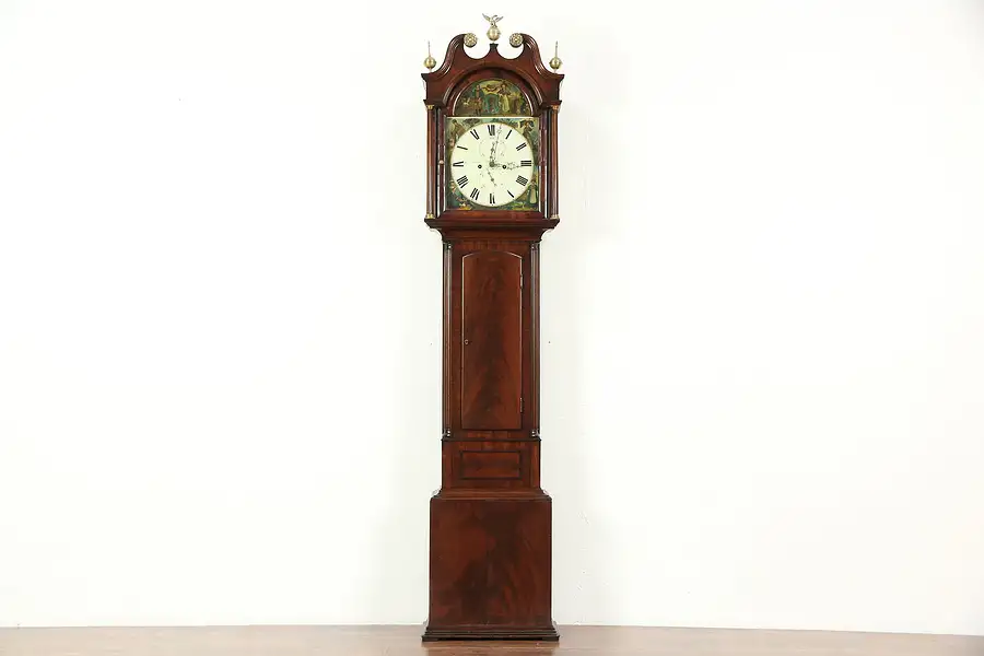 Main image of Georgian Grandfather Long Case Antique 1820 Clock, Painted Farm Scene, Scotland