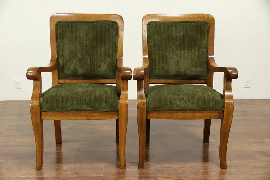 Main image of Pair Oak Antique Library Chairs, New Upholstery, Heywood Wakefield